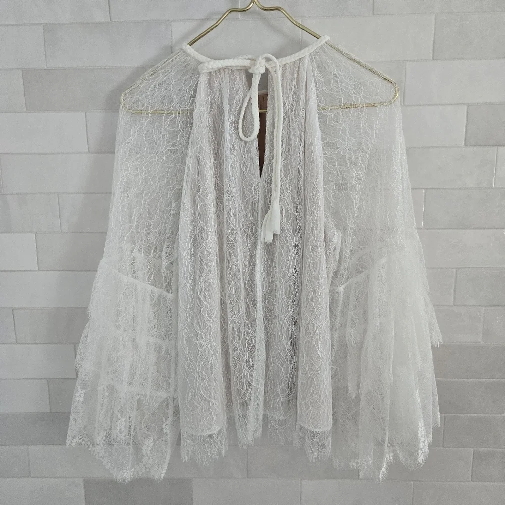 Alice + Olivia Delia Ruffled Lace Tunic Top Blouse White Sheer Mesh Bell Sleeve - Picture 8 of 10